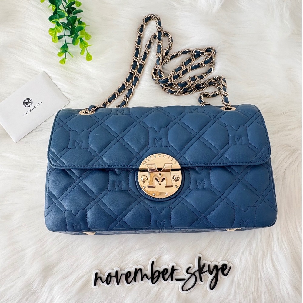 Metrocity Navy Blue Quilted Leather Monogram Chain Shoulder Bag Gold Hardware